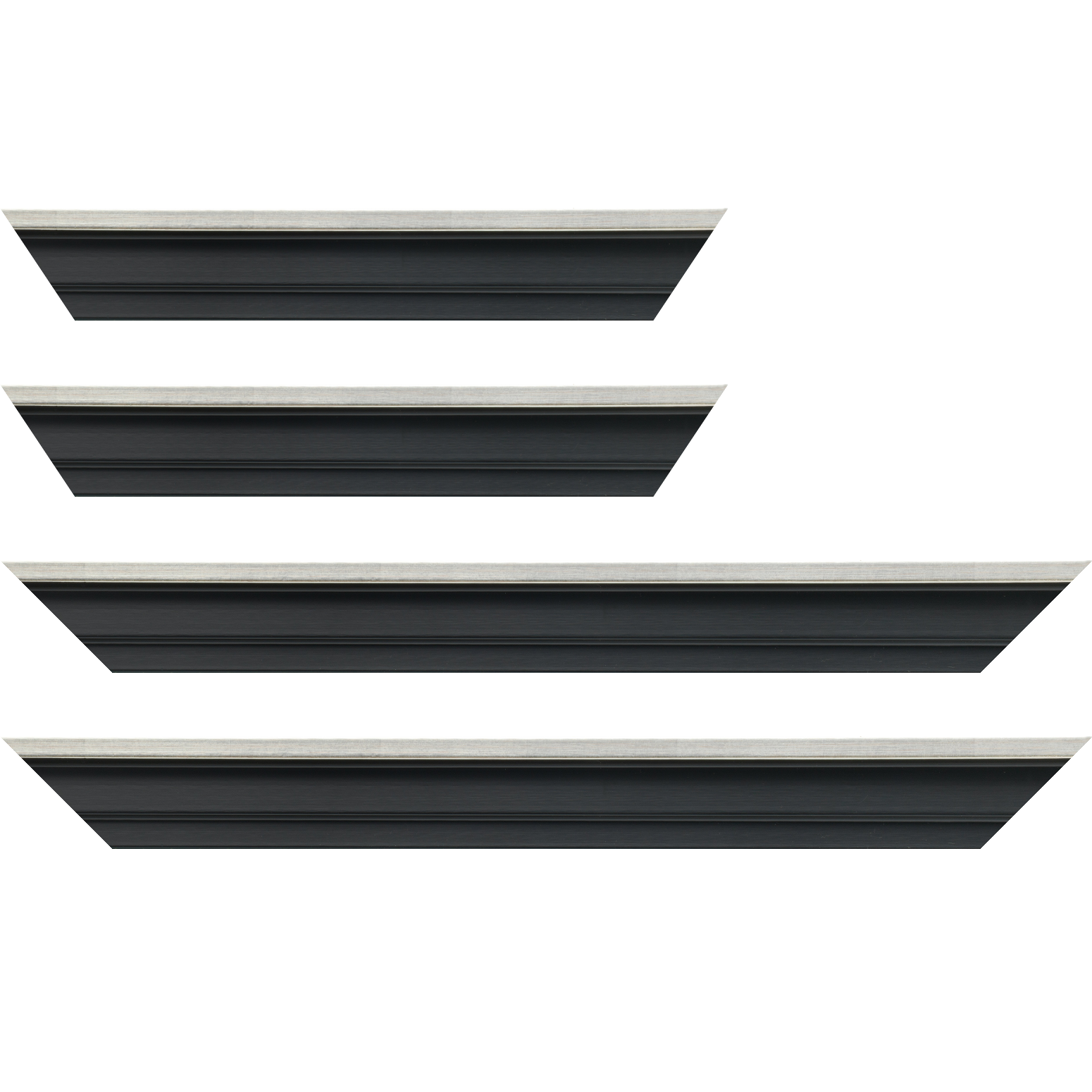 Baguette bois caisse américaine profil escalier largeur 4.4cm noir mat  filet argent (spécialement conçu pour les châssis d'une épaisseur jusqu’à 2.5cm ) - 25x25