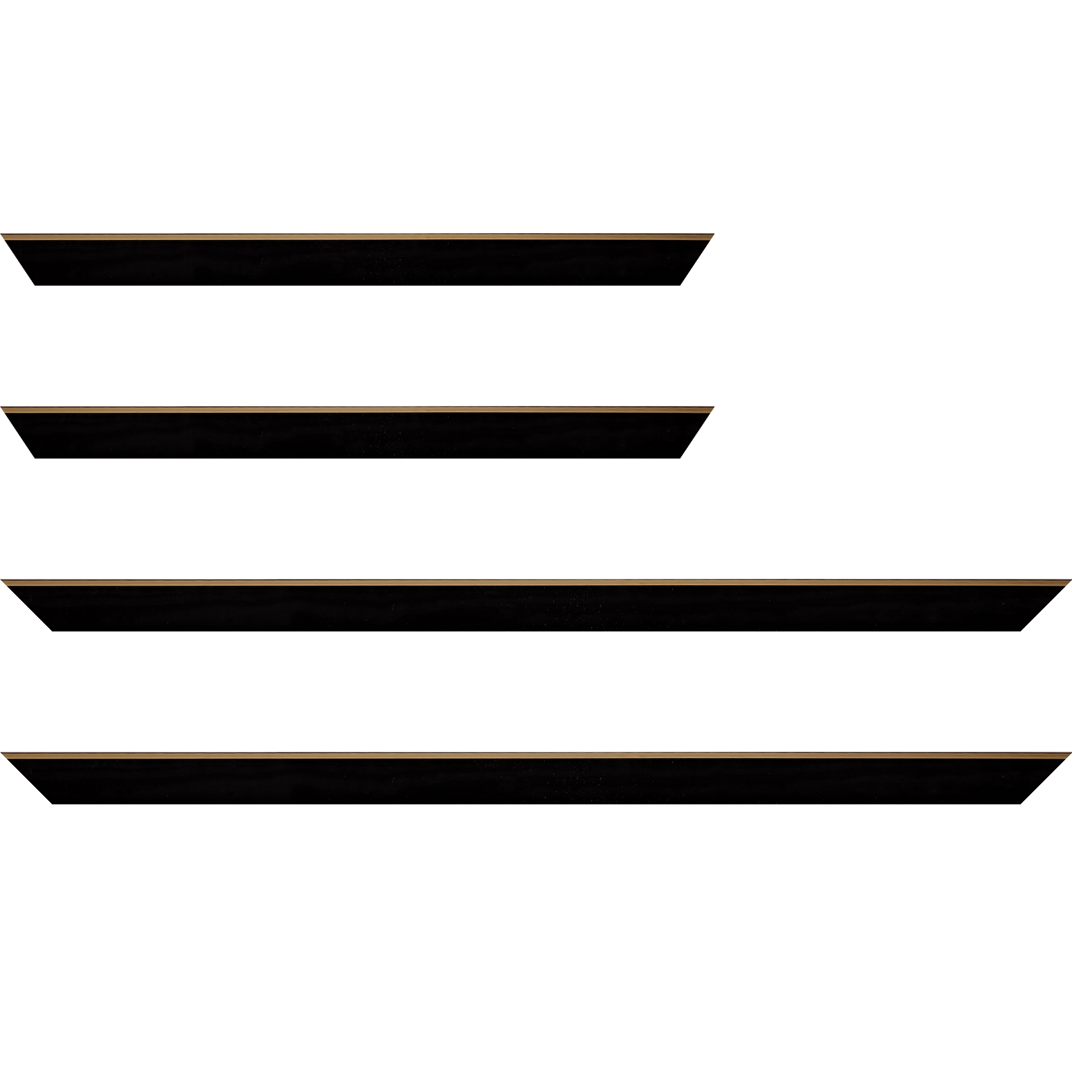 Baguette bois profil arrondi en pente plongeant largeur 2.4cm couleur noir satiné,veine du bois  apparent (pin) , angle du cadre extérieur filet or chromé - 30x90